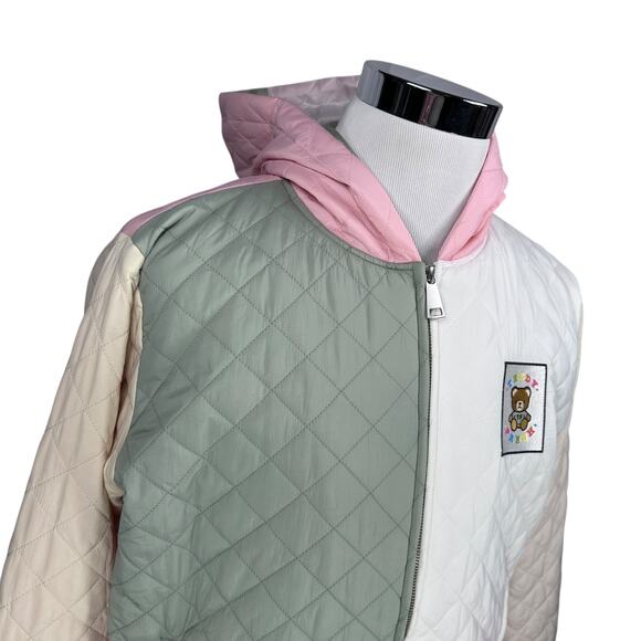 Teddy Fresh Quilted Puffer Jacket Mens Medium Colorblock Pastel Pink Green White - Picture 2 of 10